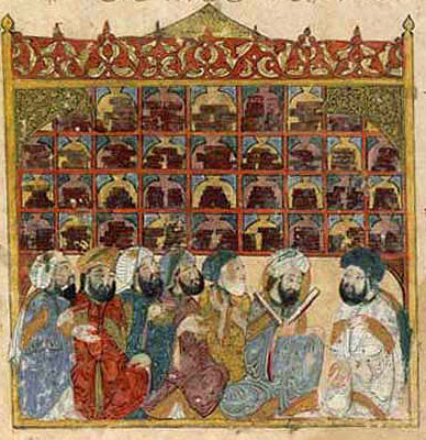 Biblioteca medieval árabe. Iluminación de Yahya b. Mahmud al-Wasiti en 1237