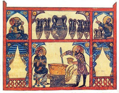 Médico y farmacéutico musulmanes medievales preparando condimentos para pacientes.