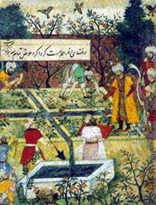 Babur (c.1494-1530), emperador del Imperio túrquico islámico Mughal Baadshah, inspeccionando un jardín en proyecto. Kabul, c.1600 - J. Dorman.