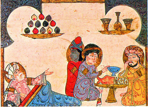 'El banquete de los médicos', miniatura árabe del siglo XIII. WIKIMEDIA COMMONS CC PD