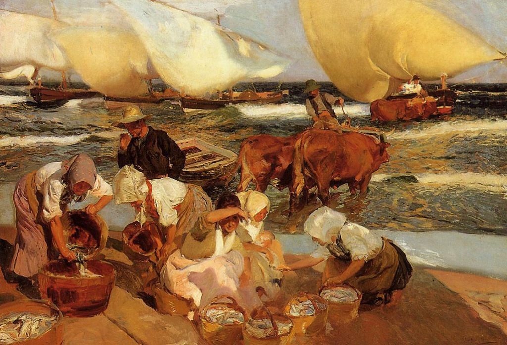 Pescadores en las playas de Valencia. Pintura de Joaquín Sorolla titulada: Playas de Valencia por la tarde, (1908).