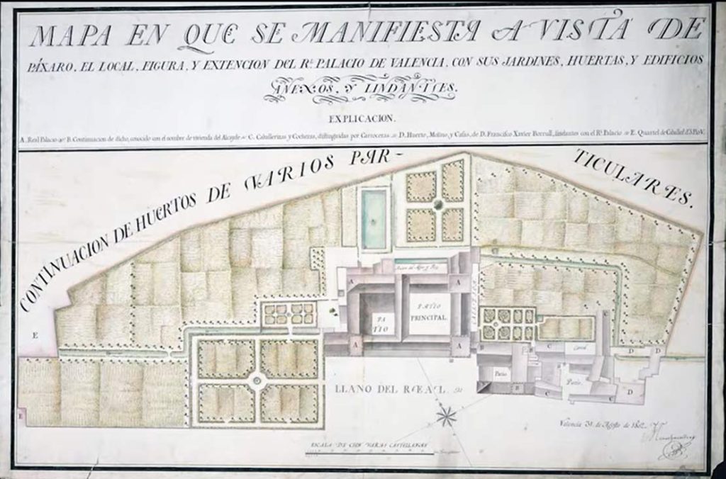 Plano del Palau del Real de Valencia y sus jardines.